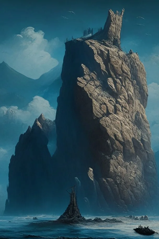 a rocky coast. A long isthmus juts out into the sea. the isthmus slopes upwards. on top of the isthmus there is a large fortress. dramatic. style of Michael Whelan.