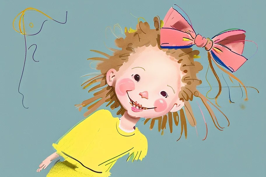 A whimsical colored illustration by Quentin Blake depicting a cute, funny happy 5 year old girl with yellow unkempt hair, wearing tufts of hair high on her head and wearing a bow.