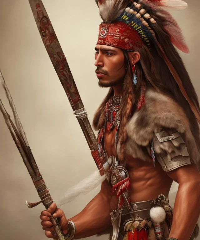 Guaicaipuro, native american, 30 years old, Muscular warrior, red feathers headdress, heroic pose holding spear