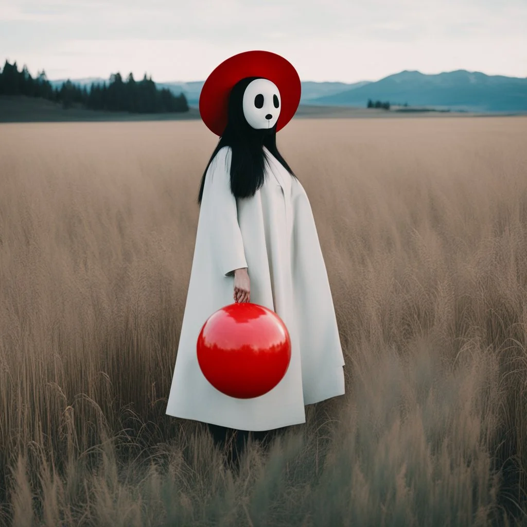 a no face woman with mask standing in a field holding red ball, inspired by Ren Hang, design milk, long black hair, whites, wanderers traveling from afar, trending on artisation, cloning spell, coat pleats, in twin peaks, submarine, by Helen Thomas Dranga, symetry, round-cropped, noire photo