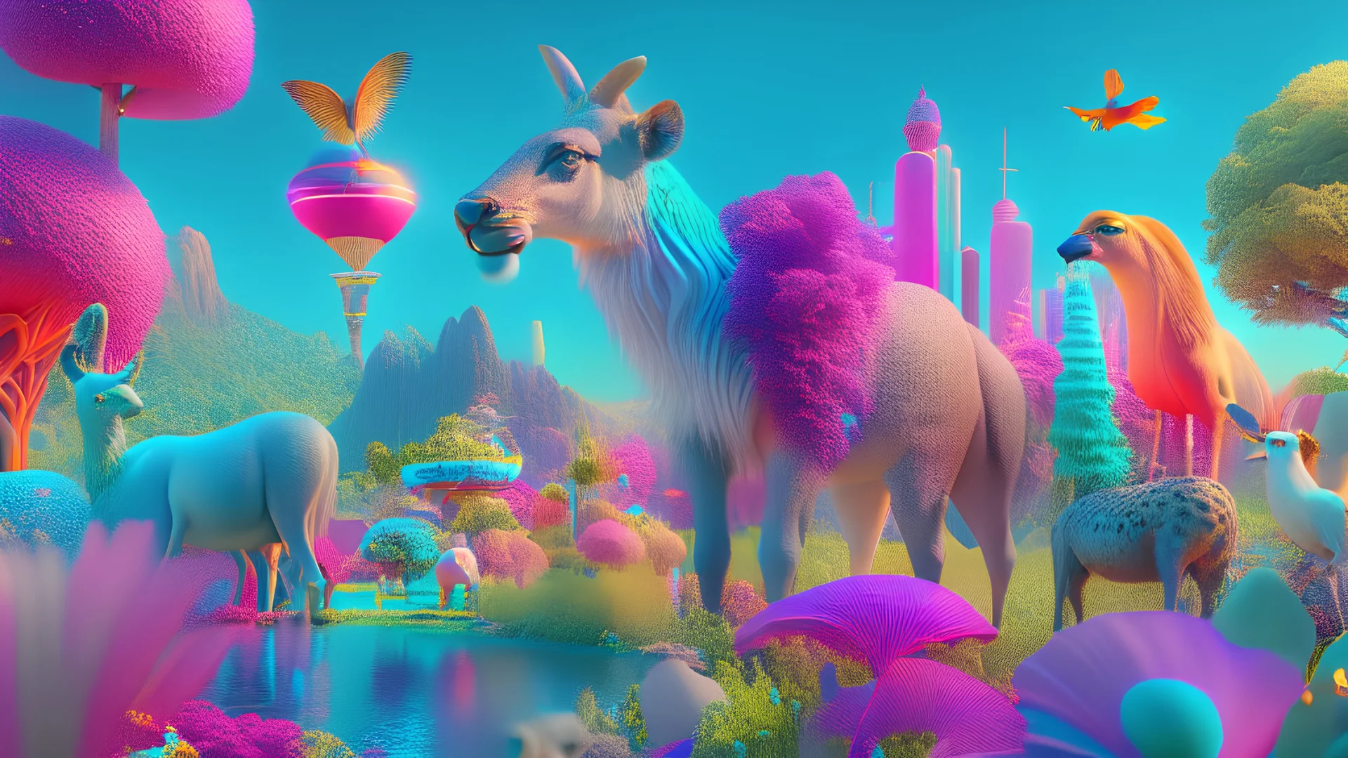 magnificent, majestic, utopian world, lots of cute animals, bright, colorful, Disney style, Realistic photography, incredibly detailed, ultra high resolution, 8k, complex 3d render, ultra sharp focus