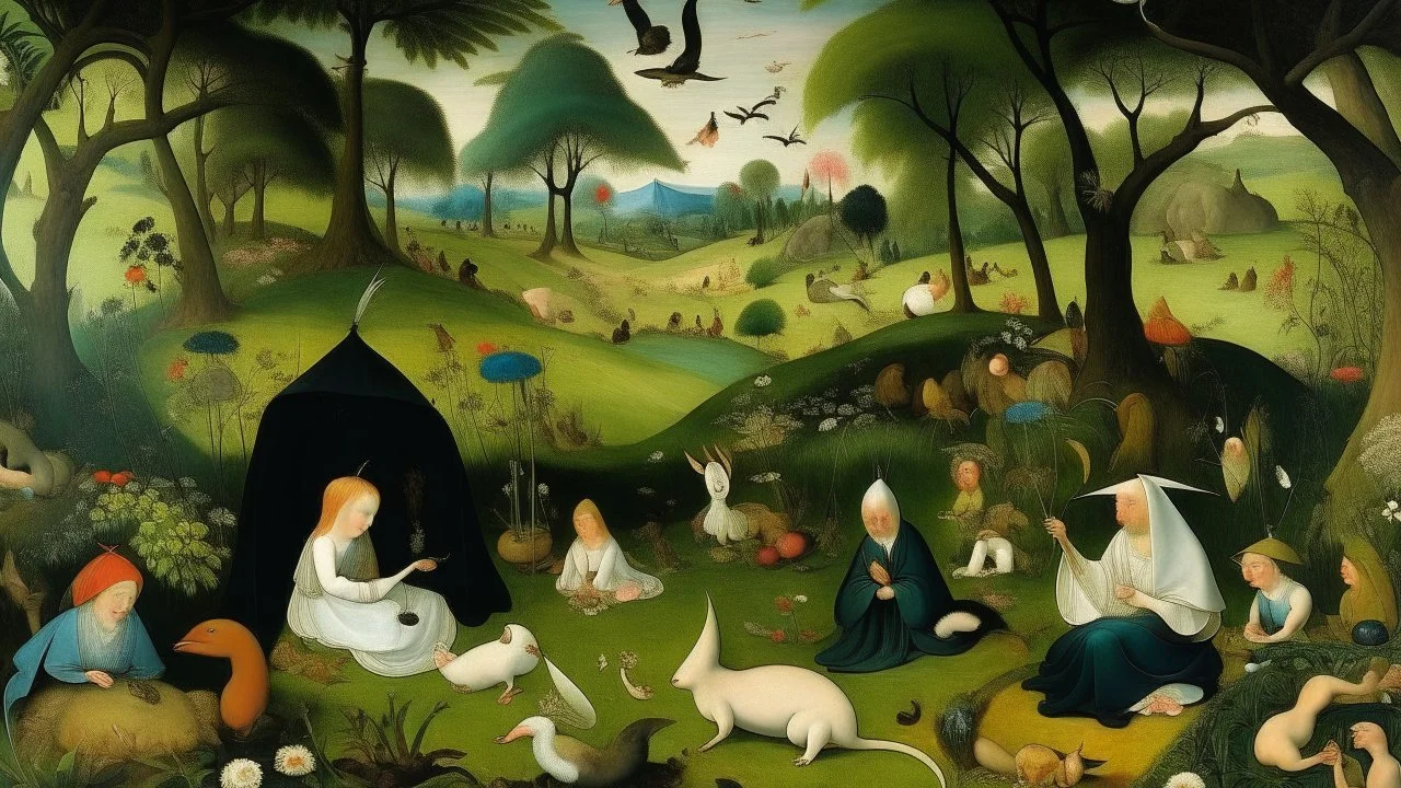 An high detailed oil painting by Hieronymus Bosch and Myazaki of people practicing yoga surrounded by wild animals and lush vegetation.