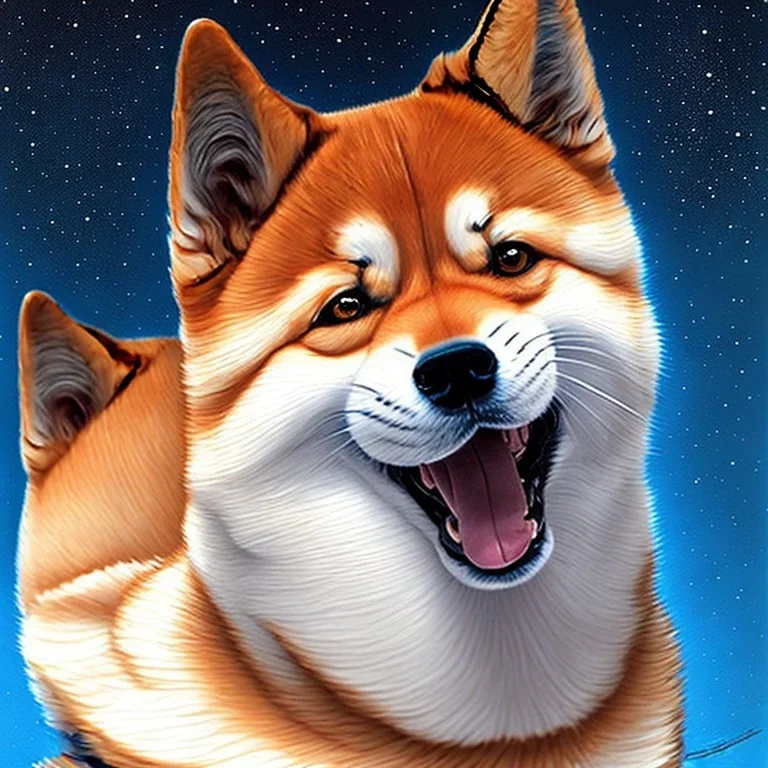 a close up of a dog on a blue background, shiba inu portrait, painting of cute dog, shiba inu cosmonaut portrait, adorable digital painting, anthropomorphic shiba inu, shiba inu, shiba inu face, shiba inu dog, shibu inu, very very beautiful furry art, portrait of dog