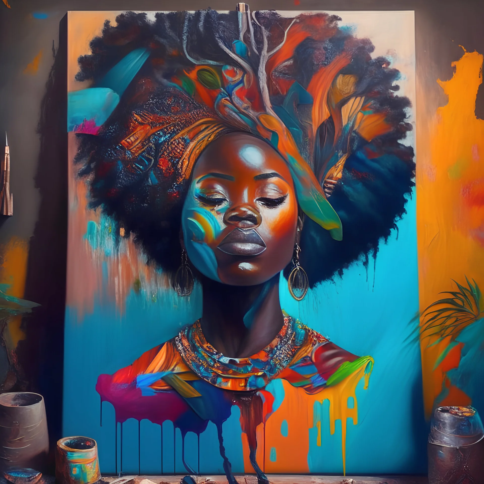 Create a vibrant painting showcasing afrocentric roots firmly grounded, representing the unwavering commitment to preserving one's identity and culture in the face of challenges