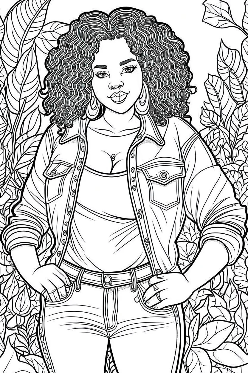 black curvy woman wearing jeans, eyes front camera coloring page floral background