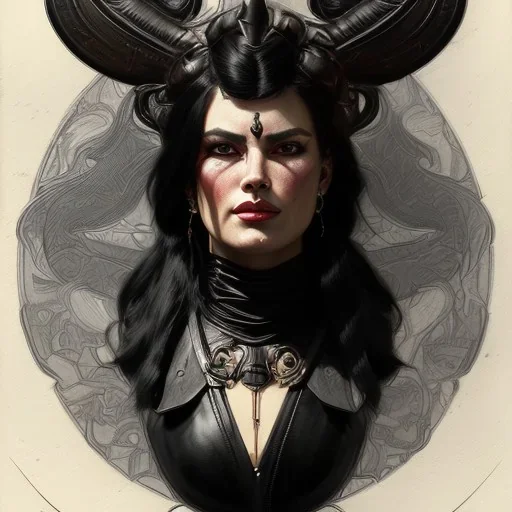 painted portrait of evil goddess in black leather, angry, strong, volouptous, busty, cleavage, emperious, mature, highly detailed, digital painting, artstation, concept art, smooth, sharp focus, illustration, art by gaston bussiere and alphonse mucha