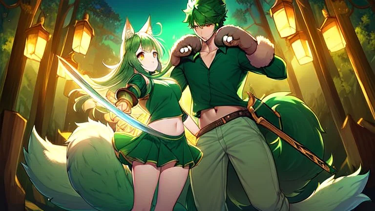 Girl, boy ,wolf muzzle, long green hair, green wolf ears,3 wolf tail, open navel, short blue shirt,animal tail, wolf paws hand, orange eyes, sword, animal fur on feet, night in forrest