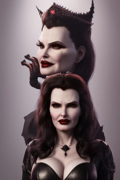 Geena Davis as evil queen in black leather, leather, busty, cleavage, angry, rage, stern look. character design by cory loftis, fenghua zhong, ryohei hase, ismail inceoglu and ruan jia. unreal engine 5, artistic lighting, highly detailed, photorealistic, fantasy