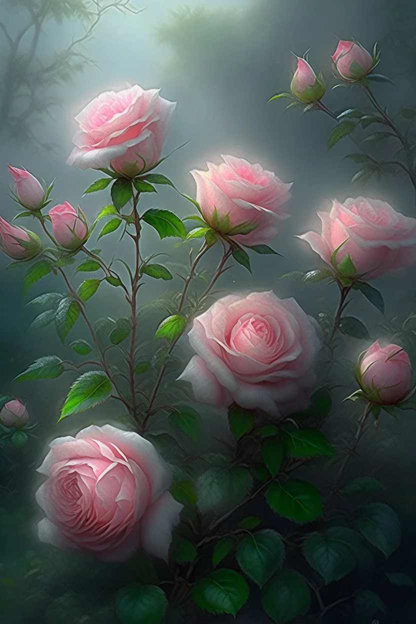 52. oil, a bush of delicate pink roses, a plant ultra-detailed, morning, rain, beautiful landscape, fog, many details, delicate sensuality, realistic, high quality, 3d, a work of art, hyperdetalization, filigree, hazy haze background, hyperrealism, professional, transparent, delicate pastel tones, back lighting, contrast, fantastic, unreal, translucent, glowing, clear lines, epic fabulous, fabulous landscape, hyperrealism