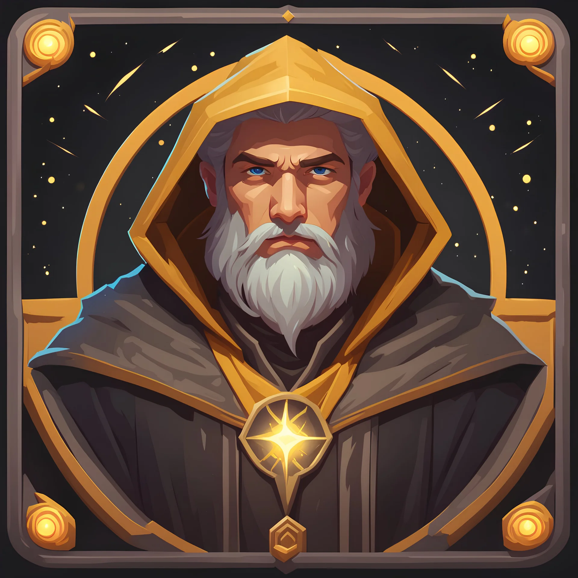 Isometric Indie RPG character portrait, Russian kind young 30 age old man 90 kilograms, young kind face kind gentle smile, good warlock pacefist, gray brown hair, yellow eyes high quality eyes, no facial hair, dressed in a cheap old black robe on which cosmic astral symbols appear and disappear, on the head there is a gray hood around the head a cloud of cosmic dust. Personality: Nikita experienced a hard life full of suffering and hardship, he lost his heart but retained his kindness and desire