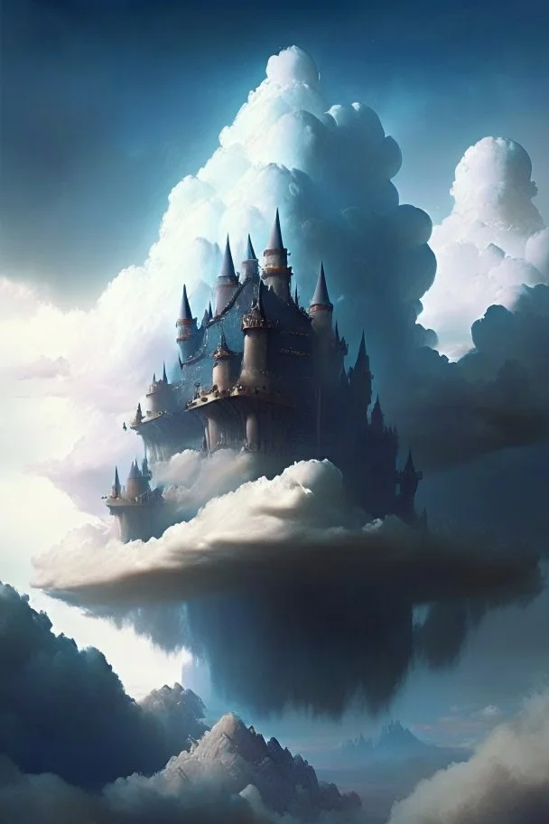 Enormous castle in the sky, ominously looming above. The clouds are apart of its structure