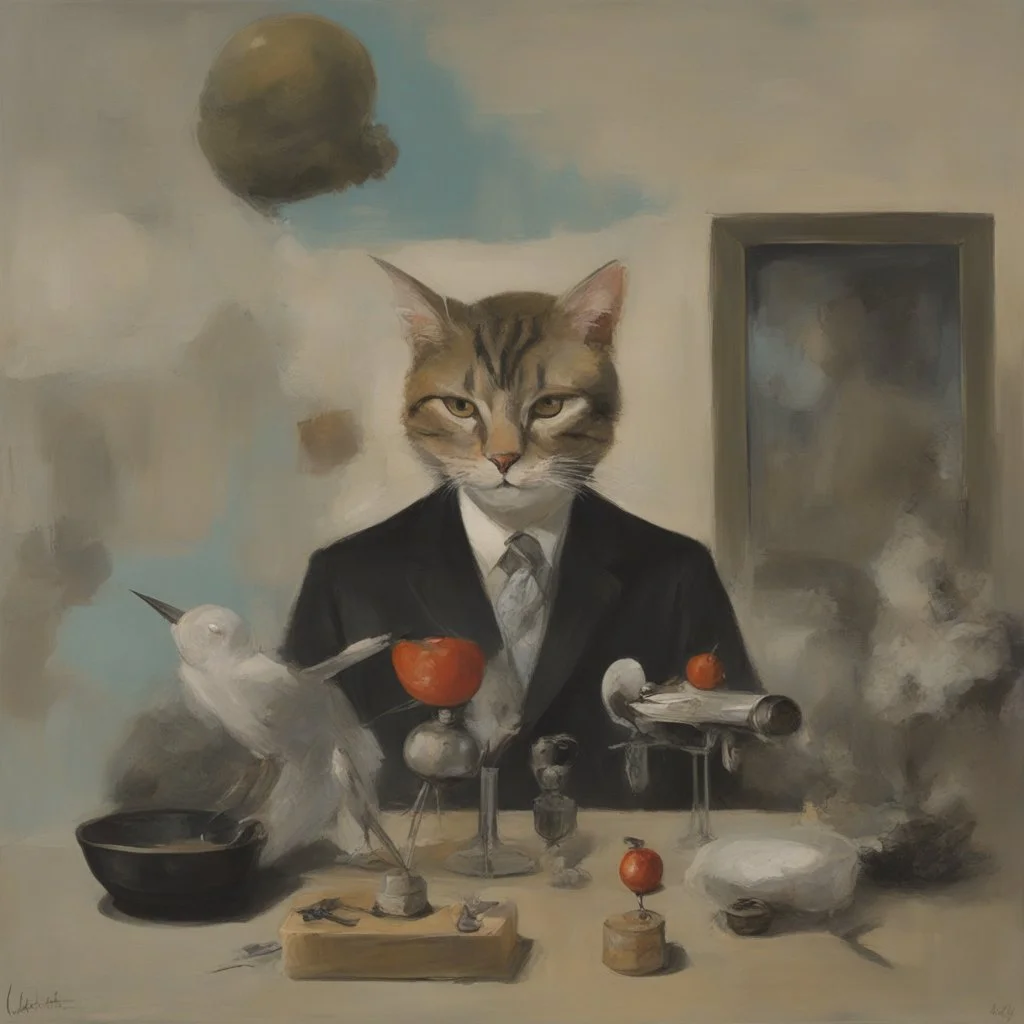 UN conference.a cat and human flesh-like surgical instruments and universe-like a pigeon and neuralink, surrealism,minimalism,Painting By Adrian Ghenie, Rene Magritte, Salvador Dali, Lucian Freud