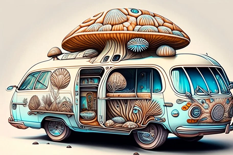 mushroom drawings on a retro hippy van, futuristic detailed art