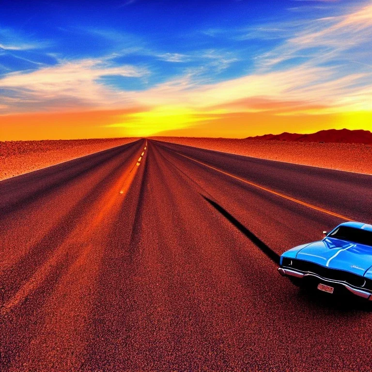 muscle car, desert road, sunset, full colour,