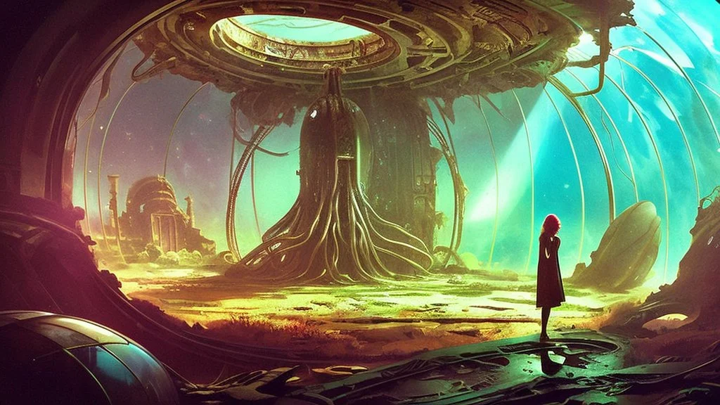 woman standing inside the interior of a ruined alien spaceship, with a circular window, overrun with mushrooms with jellyfish tentacles