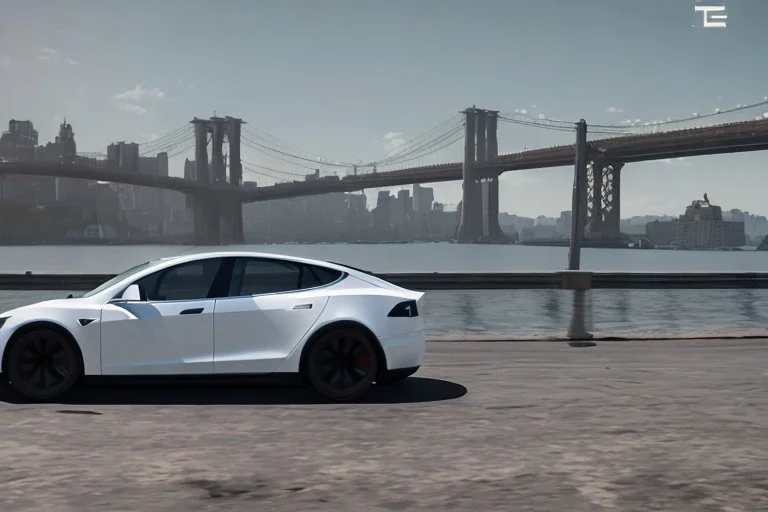 A Tesla 'Model Y' is drifting at high speeds, near the 'Pier 11' in Manhattan. (CINEMATIC, WIDE ANGLE LENS, PHOTO REAL)
