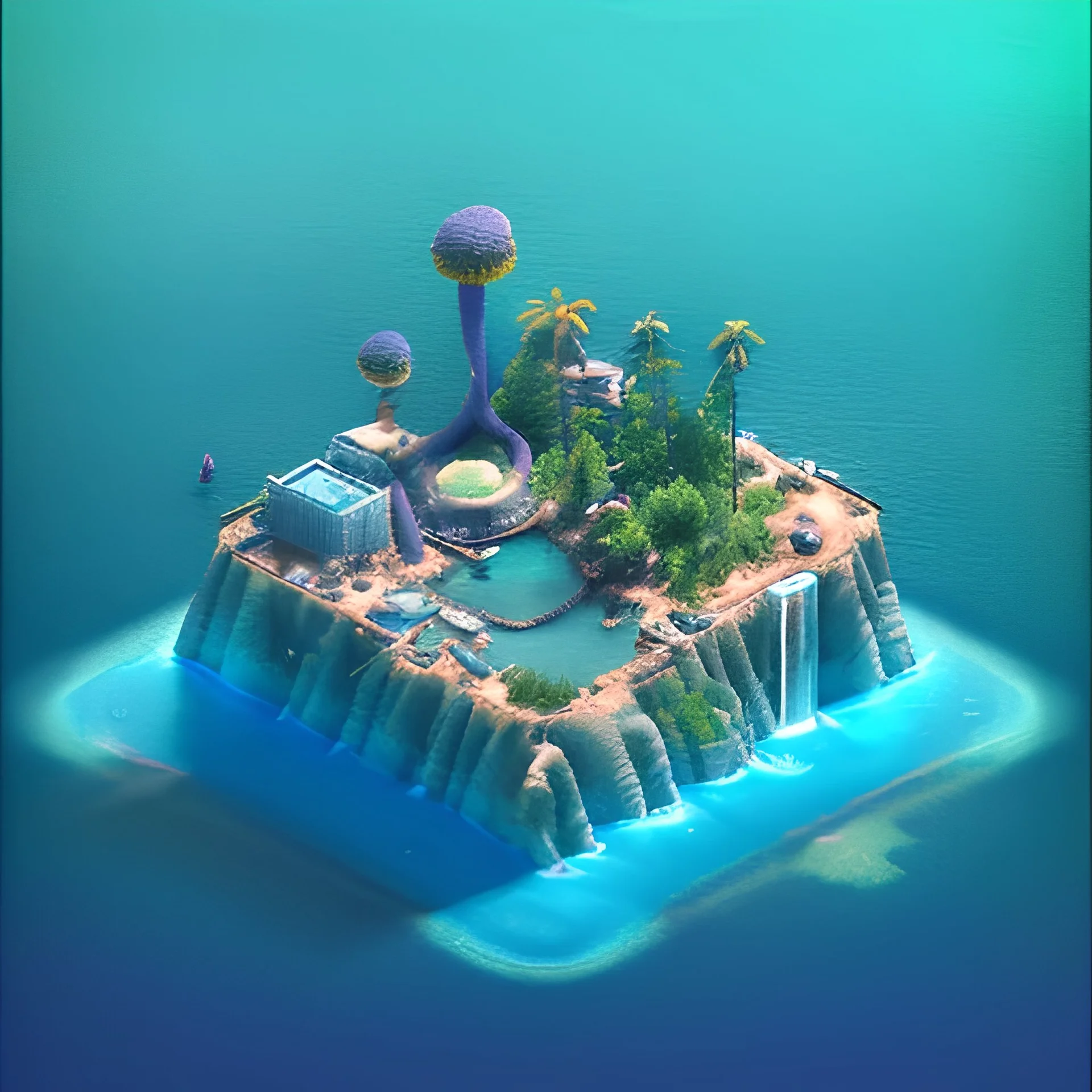 The Isometric Glass Tall Box Mini Model Little Real Island shape smooth Mixed Water Fall Under Ocean Sunshine Summer Background Blue Sea, The Last Of Us / Avatar, Octane Render / ZBrush, Cinematic, IMAX Film, Nikon D750, 16K, Autostereoscopy, Anthropomorphic, Golden Ratio, Geometry, Symmetric, Depth Of Field, Highly Detailed, Ultra Realistic, Beautiful Lighting, Halfrear Lighting, Soft Light, Candoluminescence, Cast Shadow, Reflective, Glow, Translucent, Normal Map, Carbonated --testp