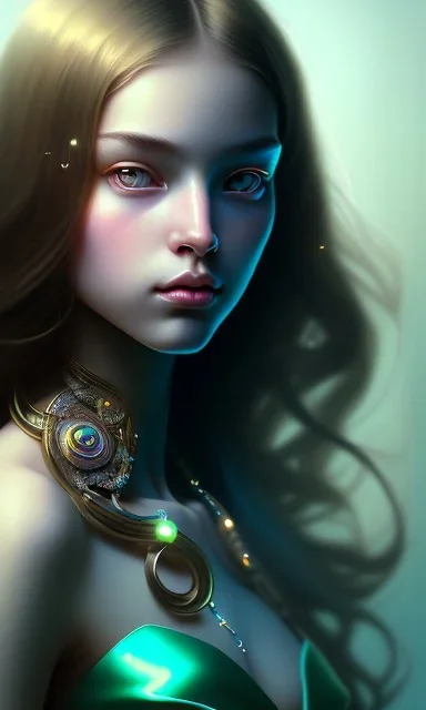 young girl, cute, beautiful, long hair, black hair, green skin, brown eyes, turquoise dress, head and shoulders portrait, 8k resolution concept art portrait by Greg Rutkowski, Artgerm, WLOP, Alphonse Mucha dynamic lighting hyperdetailed intricately detailed