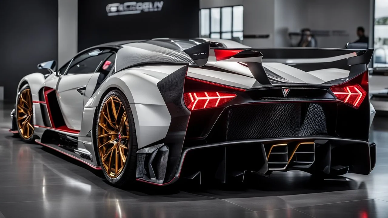 Bugatti Centodieci MANSORY Fused with Lamborghini Veneno, Super Detailed, desktop wallpaper, 4K, Rear view, in a dealership
