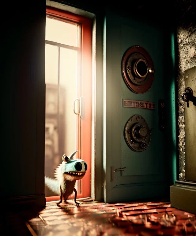 Wes Anderson photographer, night, monster peeking behind the ajar door, Ultra realistic, punk style, wide angle view, soft color, highly detailed, unreal engine 5, ray tracing, RTX, lumen lighting, ultra detail, volumetric lighting, 3d, finely drawn, high definition.