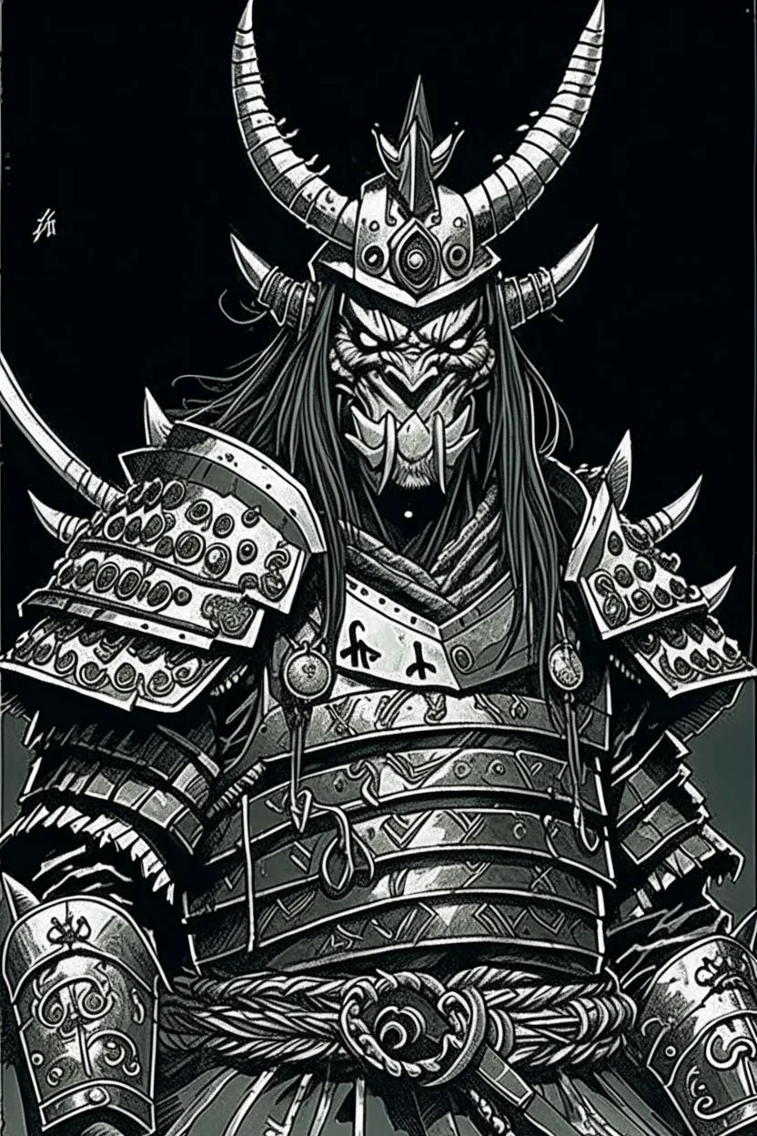 Armoured Samurai with oni mask ,manga, from 1980 dark fantasy, style by Kentaro Miura