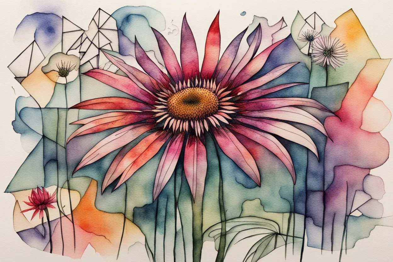 Create a surreal abstract watercolor and ink painting of an Echinacea in a garden. In the style of Paul Klee, Picasso, Matisse. Geometric. Map like qualities. Modifiers: elegant intricate beautiful high detail high definition crisp quality colourful zentangle