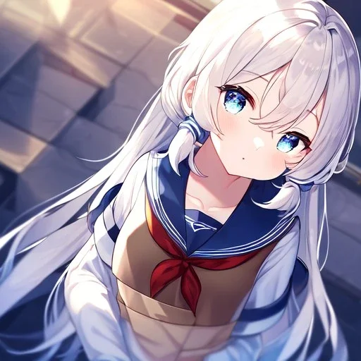 Clear focus, High resolution, long white hair, hair between eyes, straight long locks, yellow and blue eyes, wearing a sailor uniform, wearing a sailor skirt, wearing a brown vest, cute, 1girl, fluffy hair