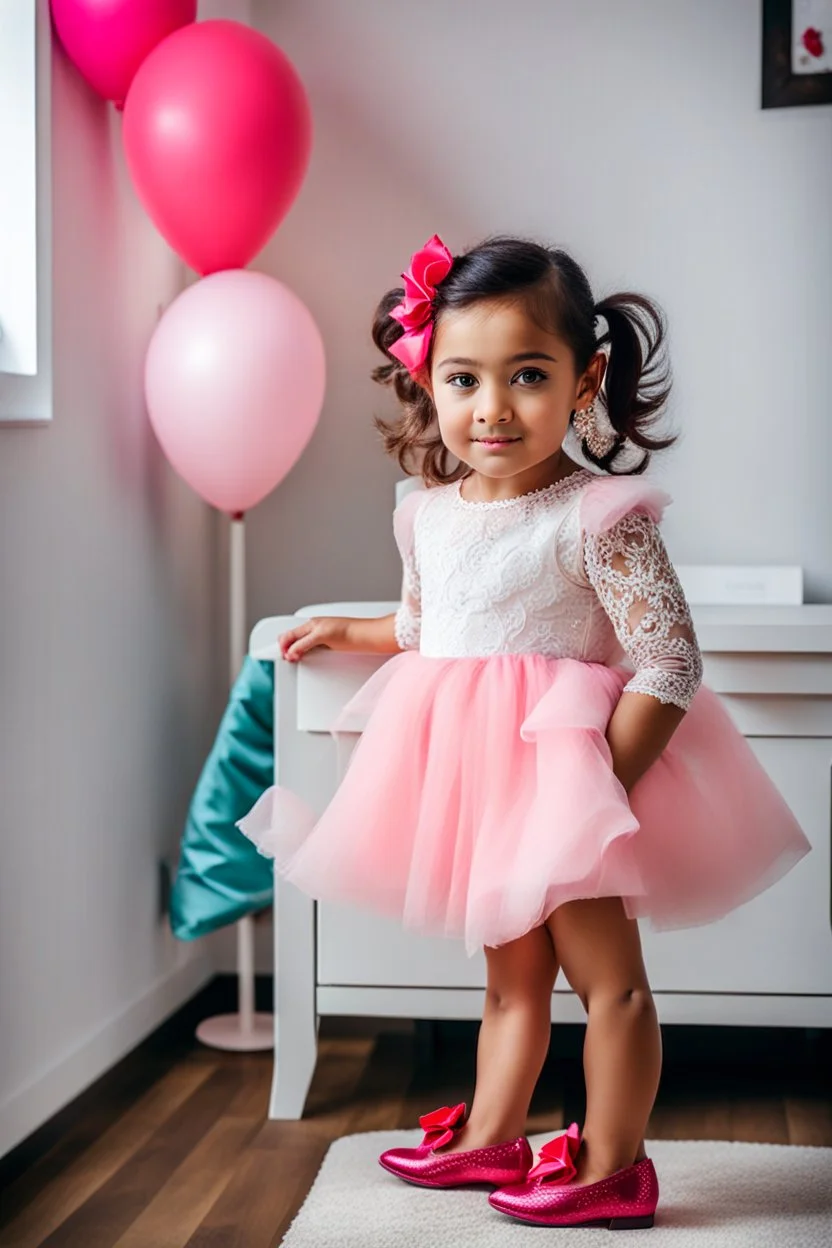 a 4 years old azeri girl in modern clothing and makeup standing pose with cute and joy with pertty shoes in a very large luxury baby bedroom