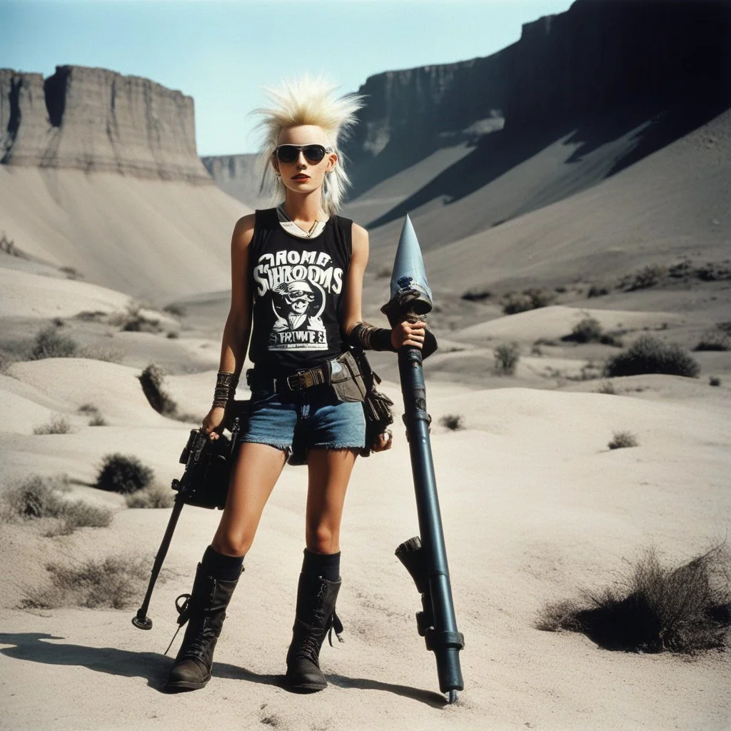 [high res photo by Helmut Newton] Tank Girl wears a T-shirt for the Gnome Day: "Gimme you shrooms", she stand in the Badlands and she holds a bazooka