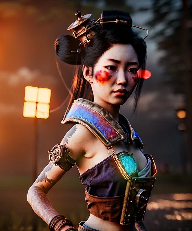 Ultra realistic, steampunk western party scene. Geisha Asian woman with dovernan, waist up view, dancing, happy, color smoke, highly detailed, concept art, unreal engine 5, god rays, ray tracing, RTX, lumen lighting, ultra detail, volumetric lighting, 3d, finely drawn, high definition, high resolution.