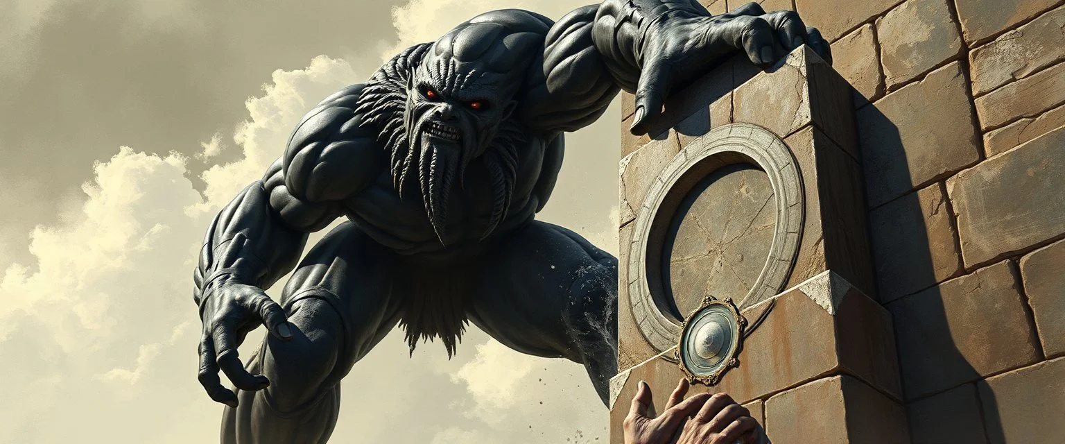 epic fantasy illustration, black giant throwing pushing marble stone sculpture into wall