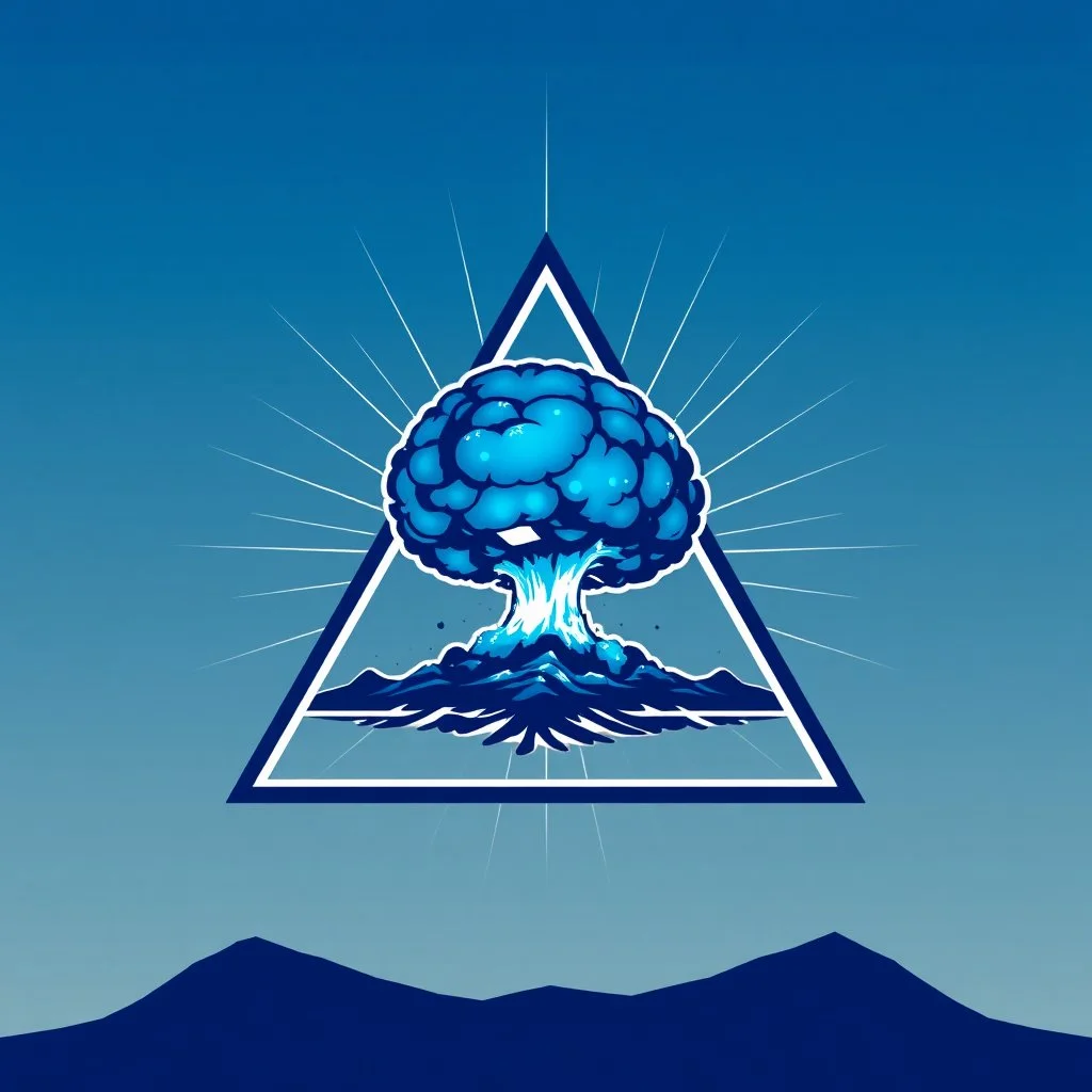 a blue nuclear explosion mushroom cloud inside an equilateral triangle, radiant lines, vector logo