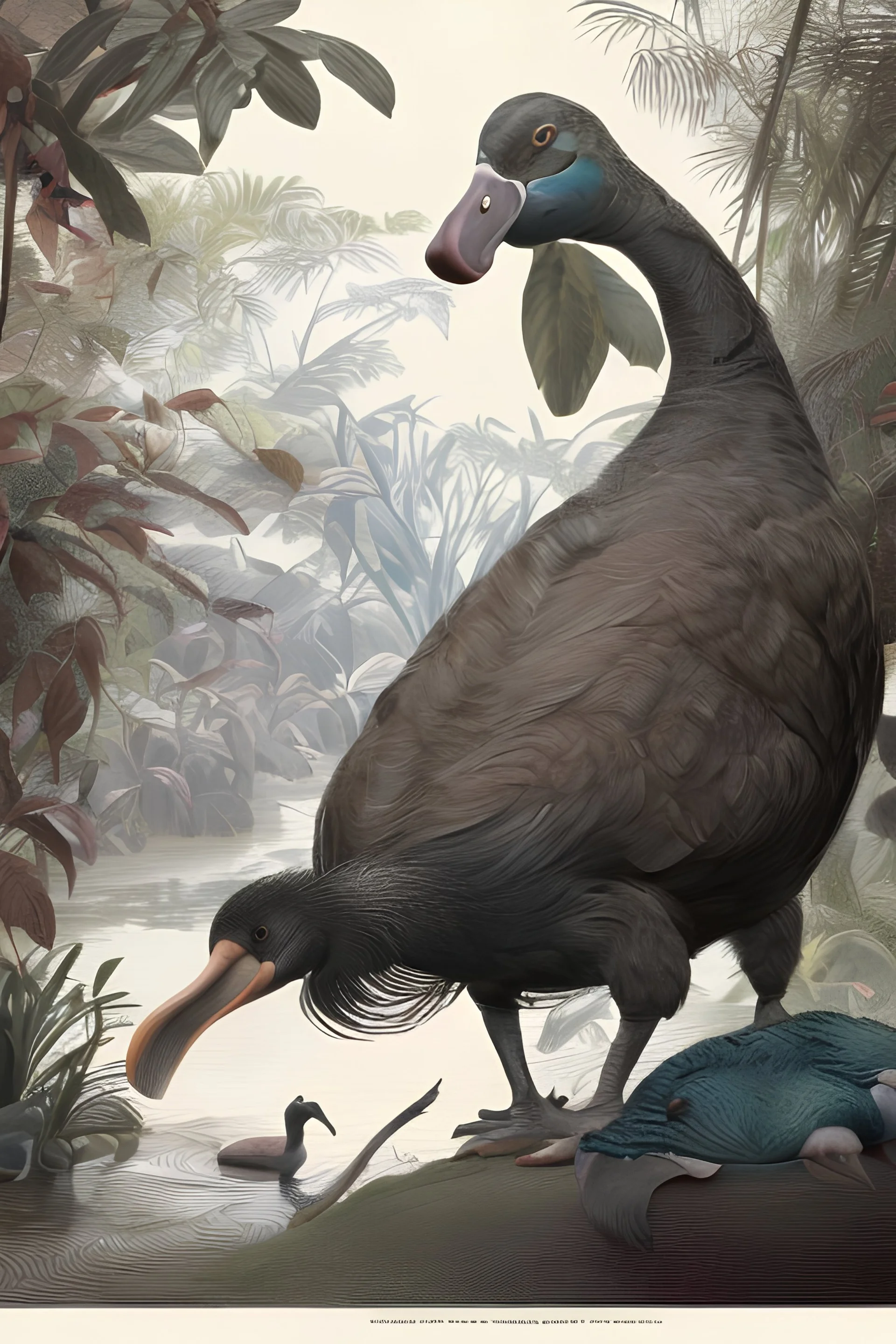 John James Audubon-like illustration of a fully uncropped Dodo bird and a Platypus in a chinoiserie landscape