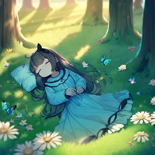 tiny anime girl sleeping in the distance, laying down in a field of flowers, underneath a willow tree, with a butterfly on her nose