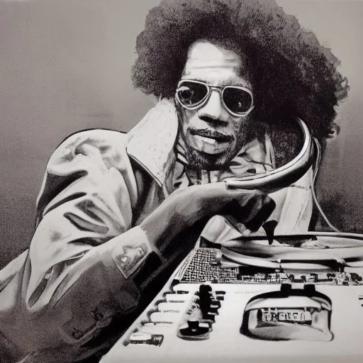 a realistic portrait of Jimi Hendrix at a turntable with headphones on being a DJ, vivid color, with sunglasses