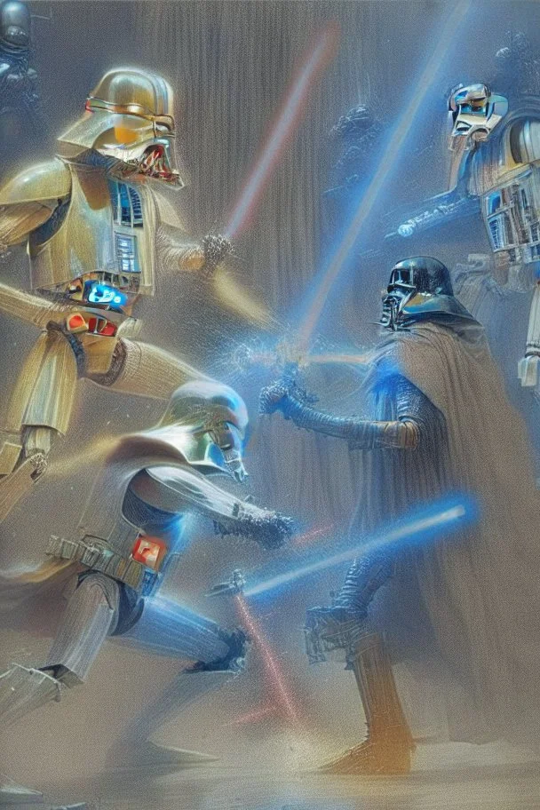 Darth Vader battling Luke Skywalker with lighsabres, while C3PO and R2D2 look on in horror.