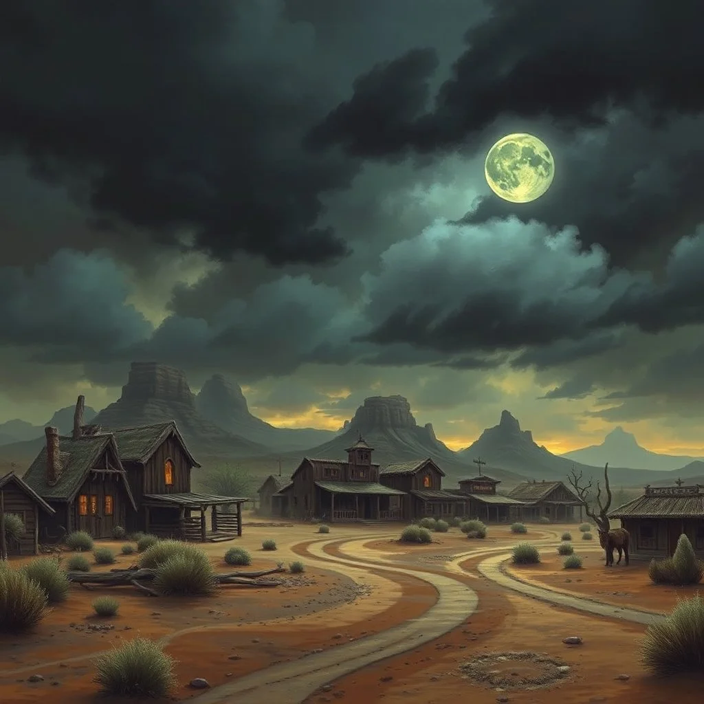 the western desert town called High Noon Hollow with gloomy skies fantasy art