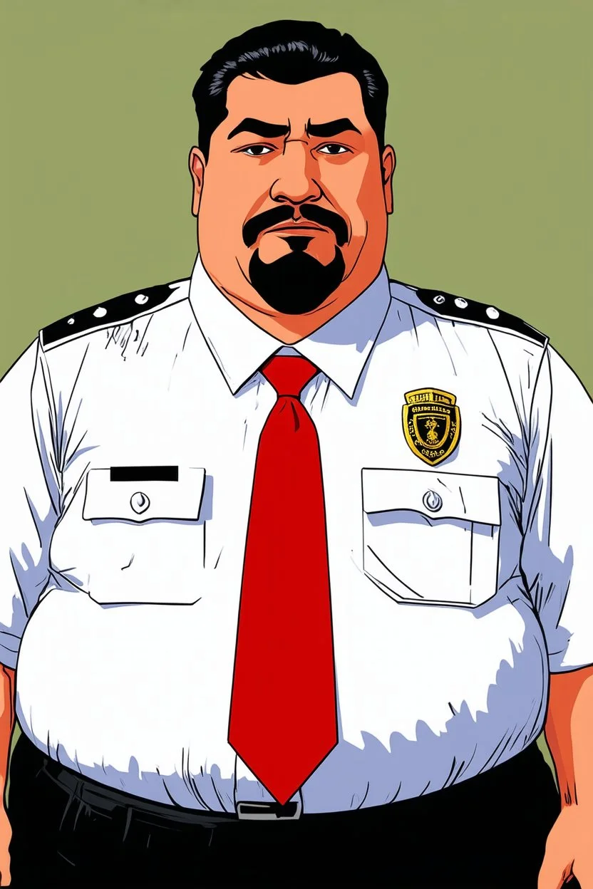 Crée le portrait d un agent de sécurité. Il est obèse. Il porte une chemise blanche sale trop petite pour lui et une cravate rouge. Il a les cheveux noirs. Il n a pas de barbe. Son hygiène est déplorable.
