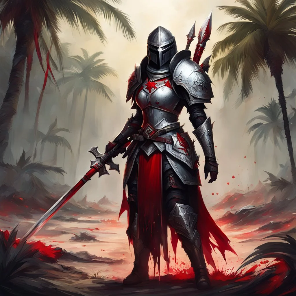 bloody Templar of the Oath of Silence on the battlefield with her mace and palmtree crab armour