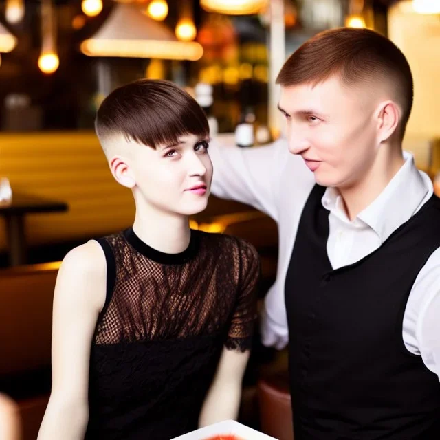 Russian guy boyish boylike short man's haircut boyish features in black girlish lacy cocktail dress in restaurant