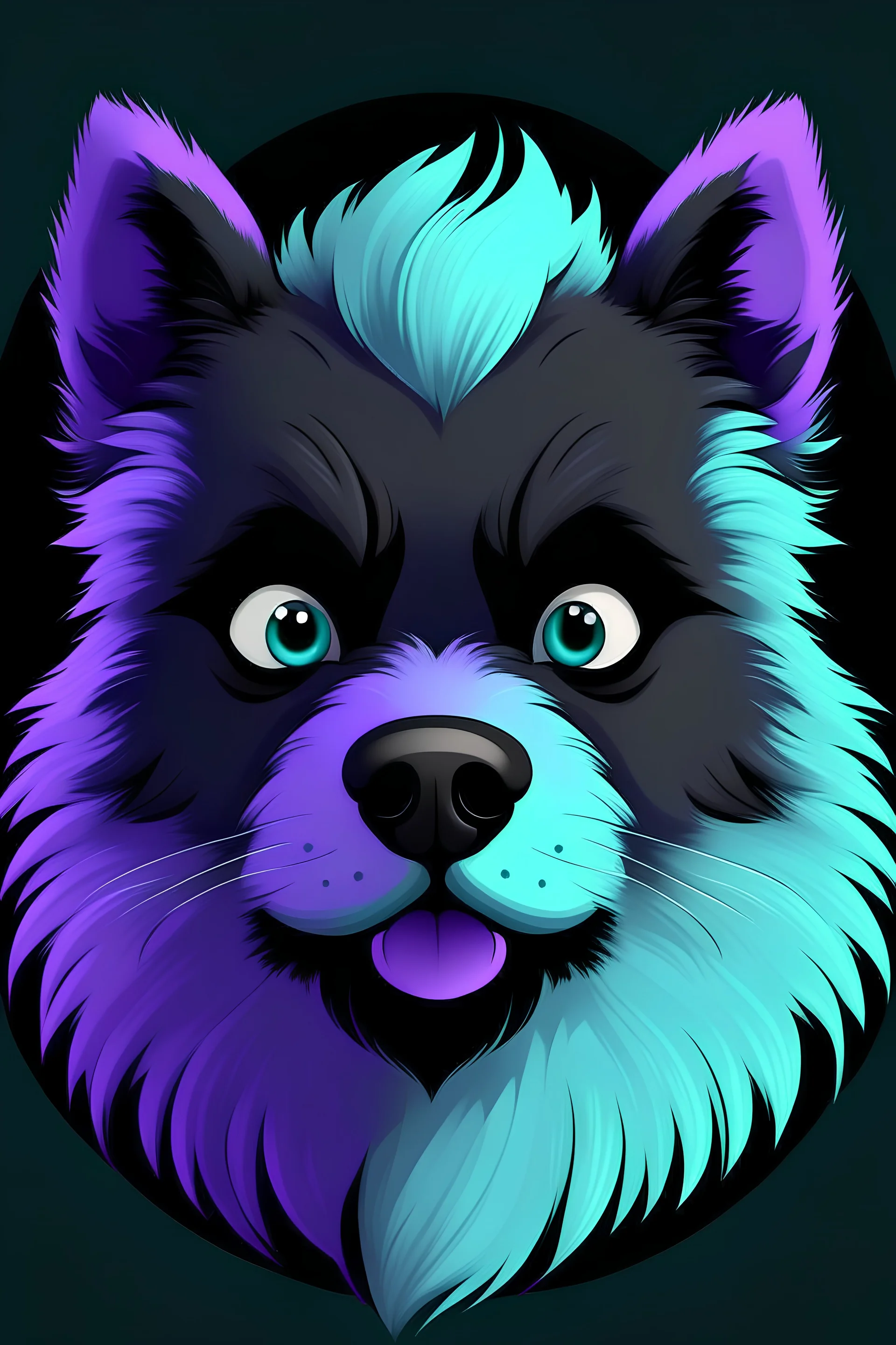 Furry dog head. Black nose, cyan cheeks, grey muzzle, and a purple forehead. Black eyes.