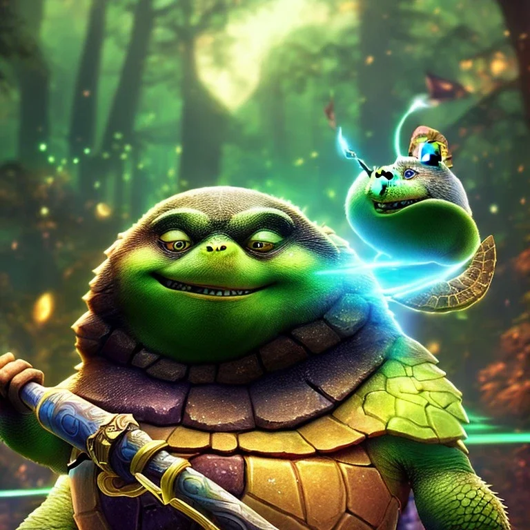 League of Legends style art, Meditating muscular TURTLE Oogway holding a wooden rod, high definition, magical powers, close shot, background galaxy