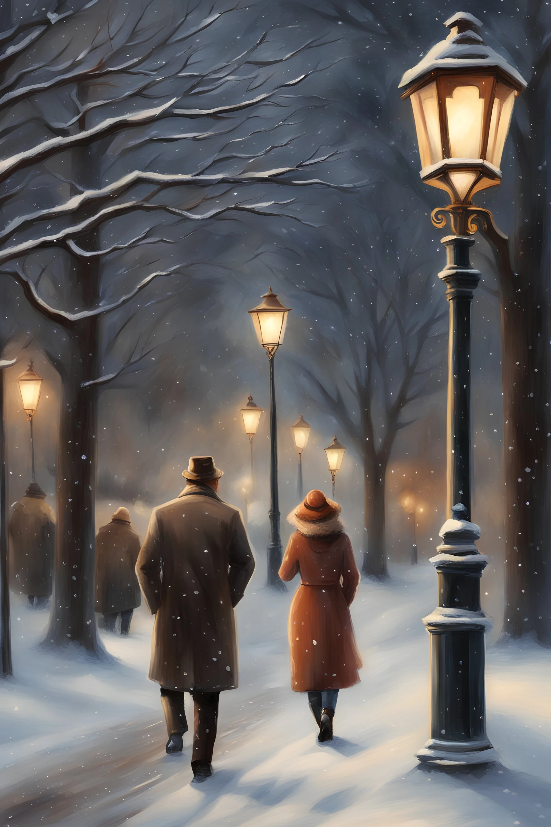 Beautiful old fashioned man and woman, walking in winter, pretty lights, realistic, artistic, very detailed, snowy