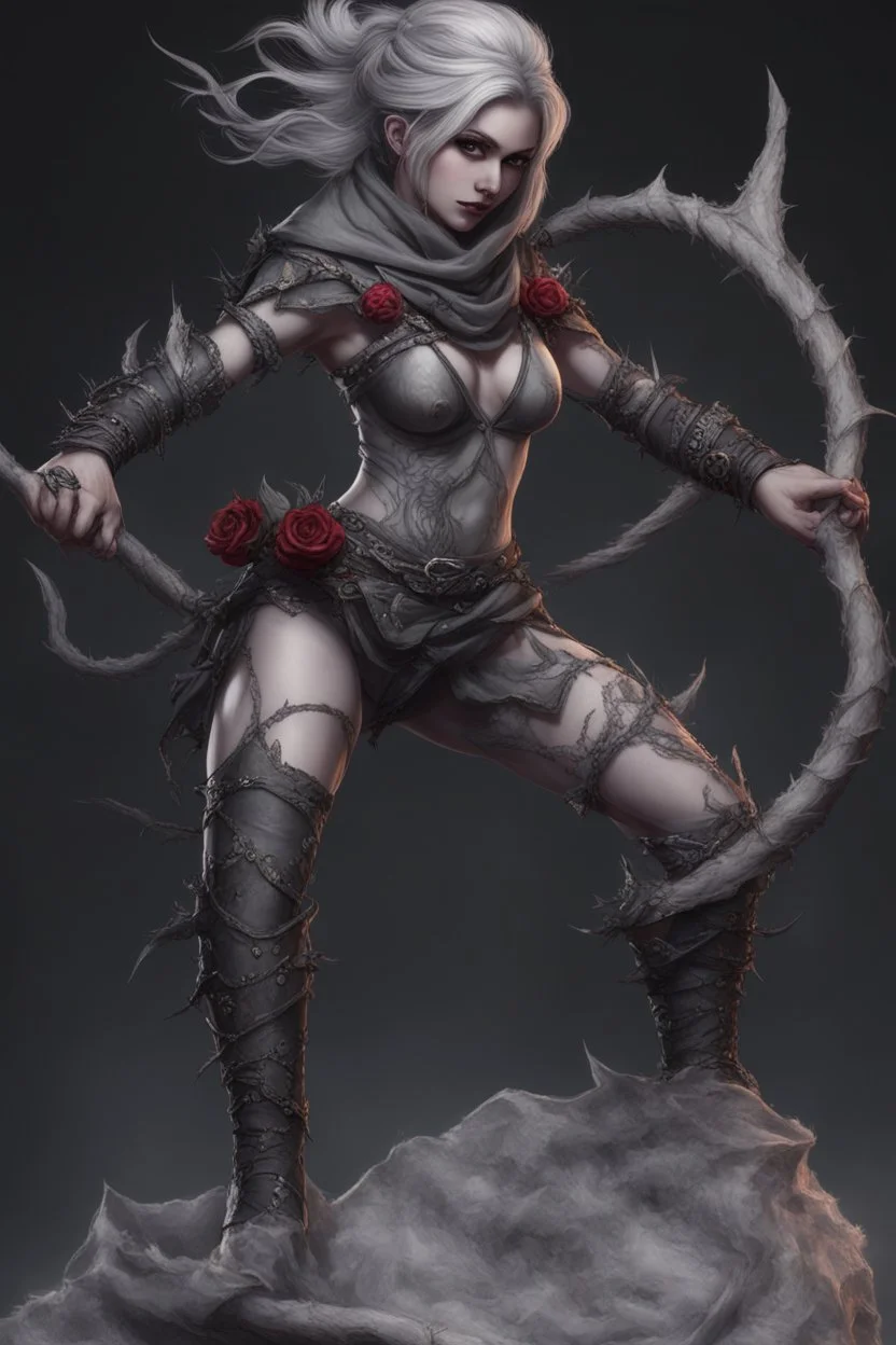 female gray skin, Shadar-Kai wielding a Whip made out of black thorns, clothes with a dark rose theme