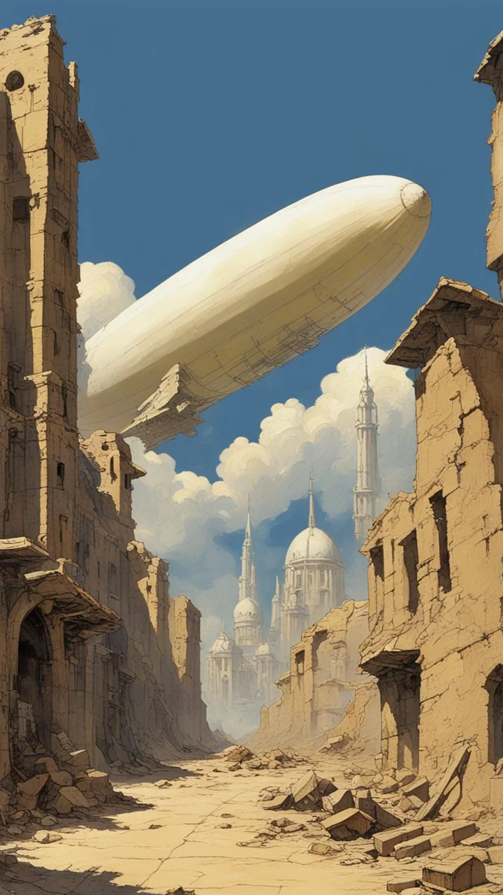 A small futuristic city in the ruins of an old building, blue sky, in the style of Gerald Brom and John Berkey, a large blimp floats above buildings, a house is made from concrete blocks, there is graffiti on walls, several tall towers with white spires tower over the scene. --ar 91:128 --v 6. 0