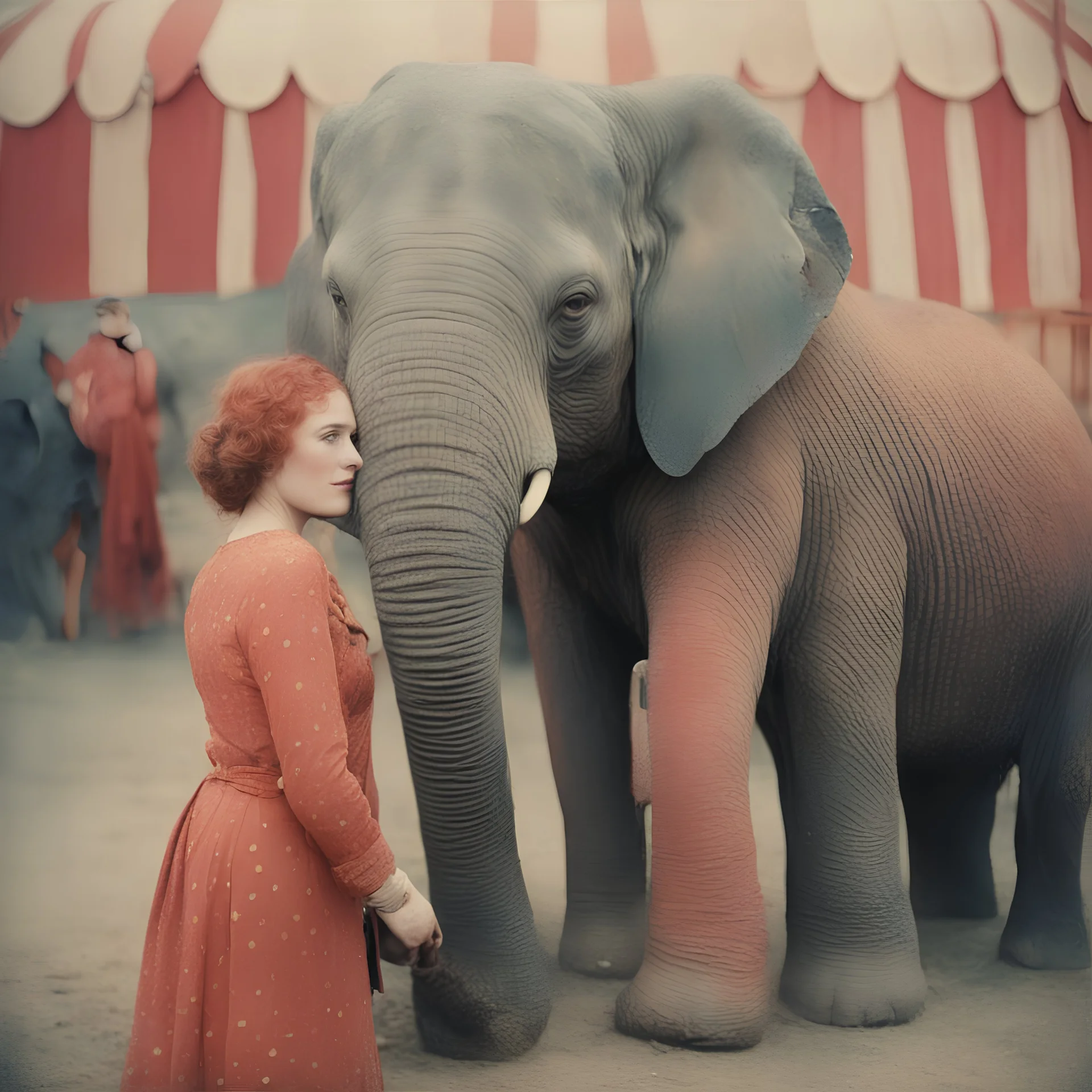 A woman , freckles, with an elephant, at the circus,, autochrome, pink, red orange,, golden