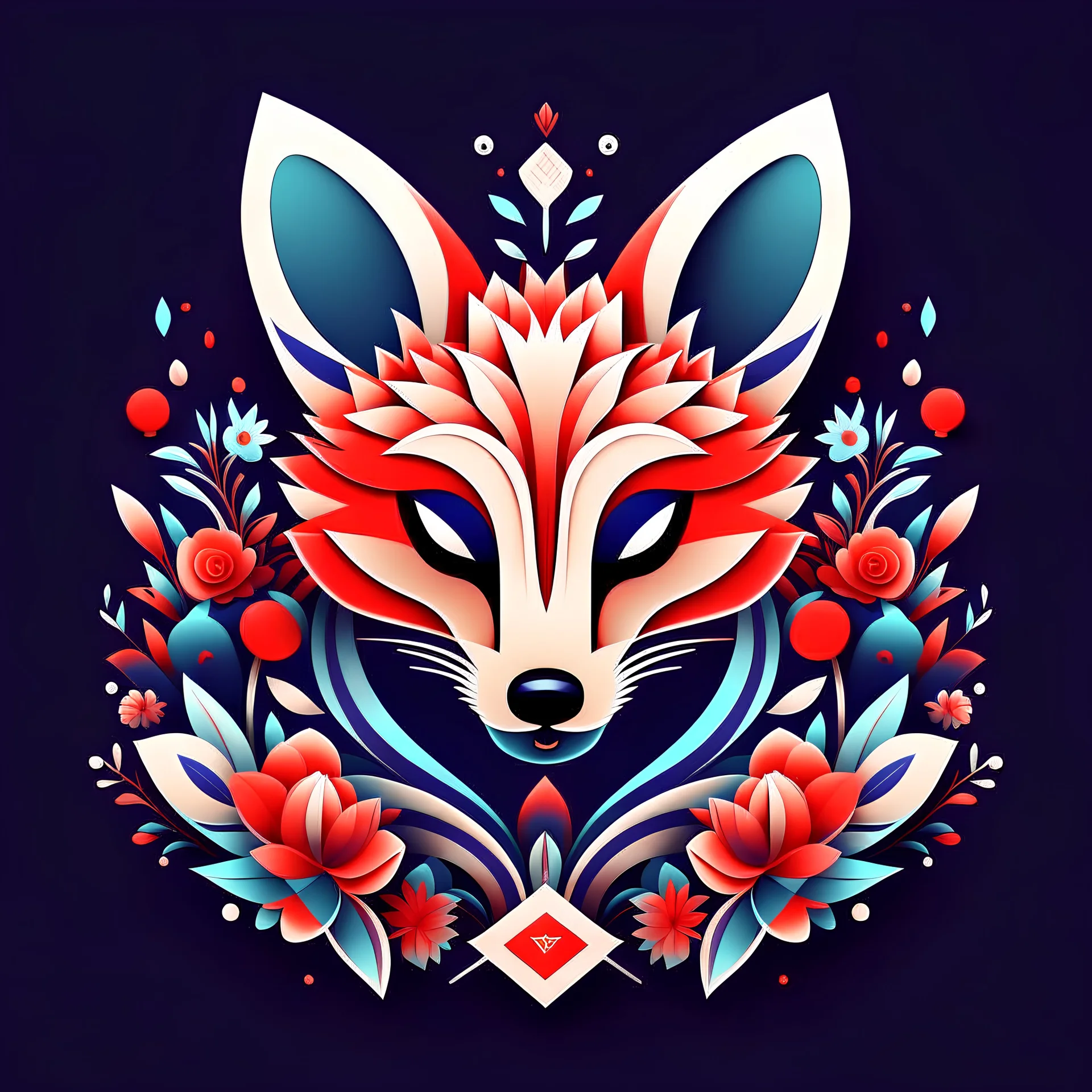 logo design, complex, trippy, bunchy, 3d lighting, fox, realistic face, colorful floral scarf, flowers, cut off, modern, symmetrical