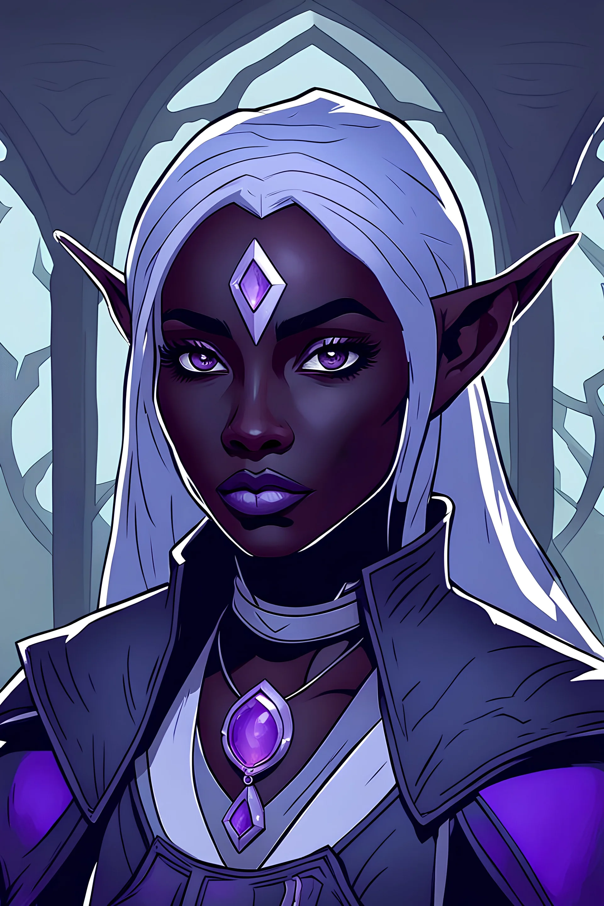 Dungeons and Dragons portrait of the face of a female young adult drow conventionally attractive cleric blessed by Eilistraee with dark purple skin.
