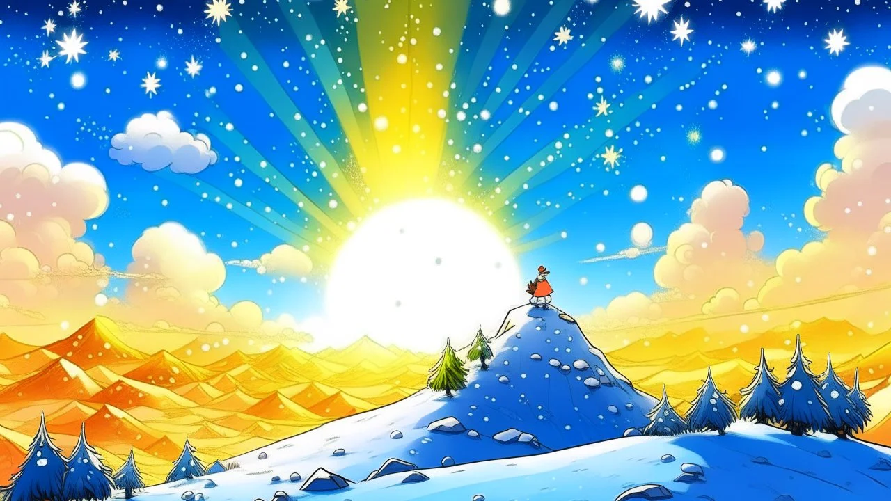 fantasy cartoon style: Once upon a snowy hill. The sun is high i, the sky, it's high noon, and the snow sparkled like a million tiny magical diamonds.