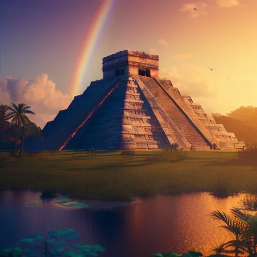 Chichen Itza, sunset, rainbow sunset, waterfall, palms, twigs, spring, sunset rainbow, bridge flying birds, unreal engine 5, cinematic lighting, realistic, hyper detailed, 8k, octane render, cinema 4d